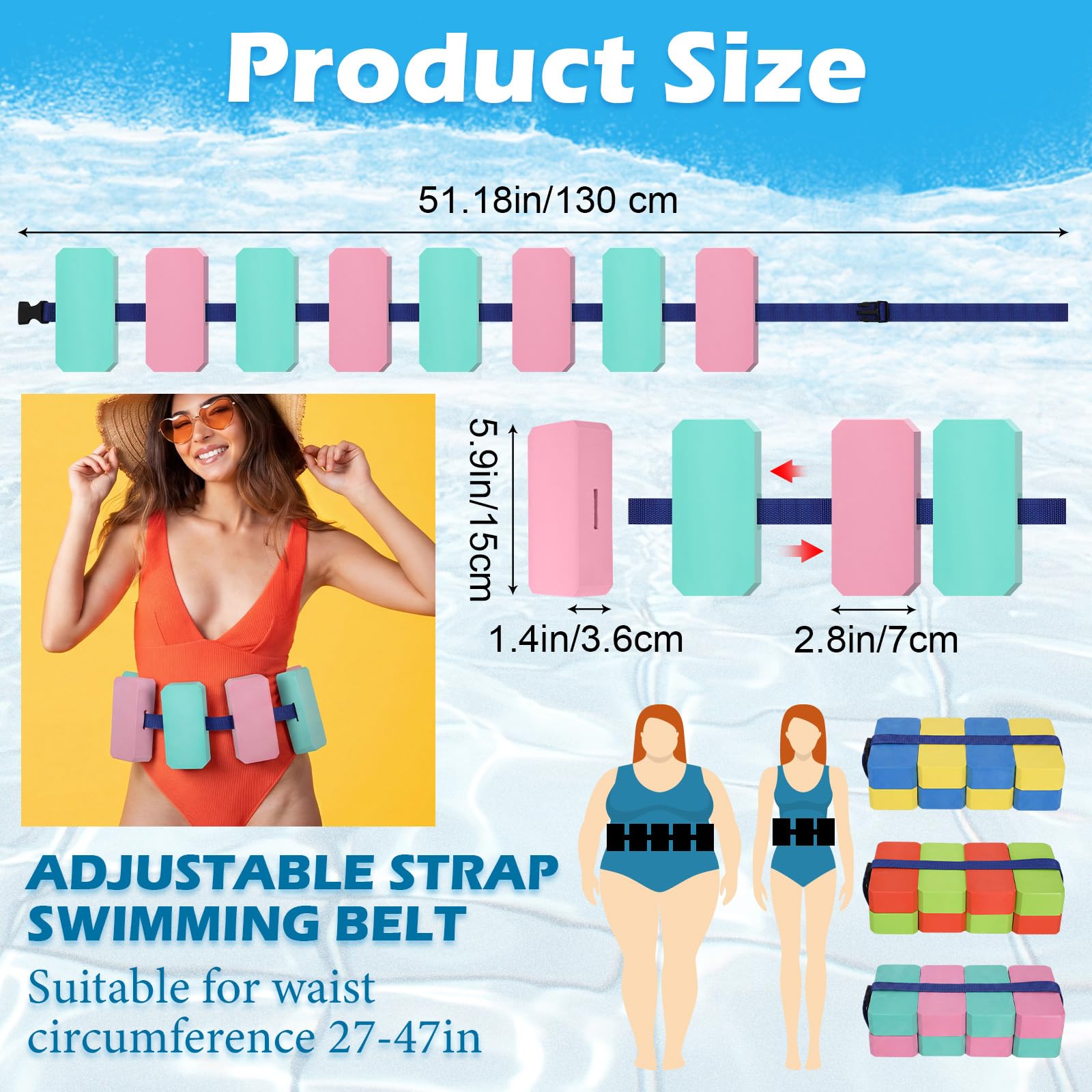 Arrowbash Cinture da nuoto adatte a girovita da 68,6 a 119,4 cm, in schiuma EVA con cinghia regolabile in vita, per principianti, allenamento di sicurezza, snorkeling, aerobica in acqua, esercizi in