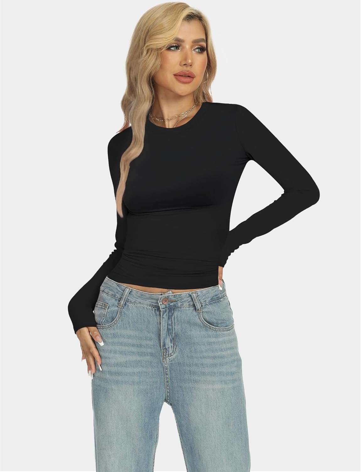 2 Pack Womens Crew Neck Basic Long Sleeve T Shirt Slim Fit Tees 2025 Fall Y2k Going Out Tops Cute Tight Shirts - Image 2