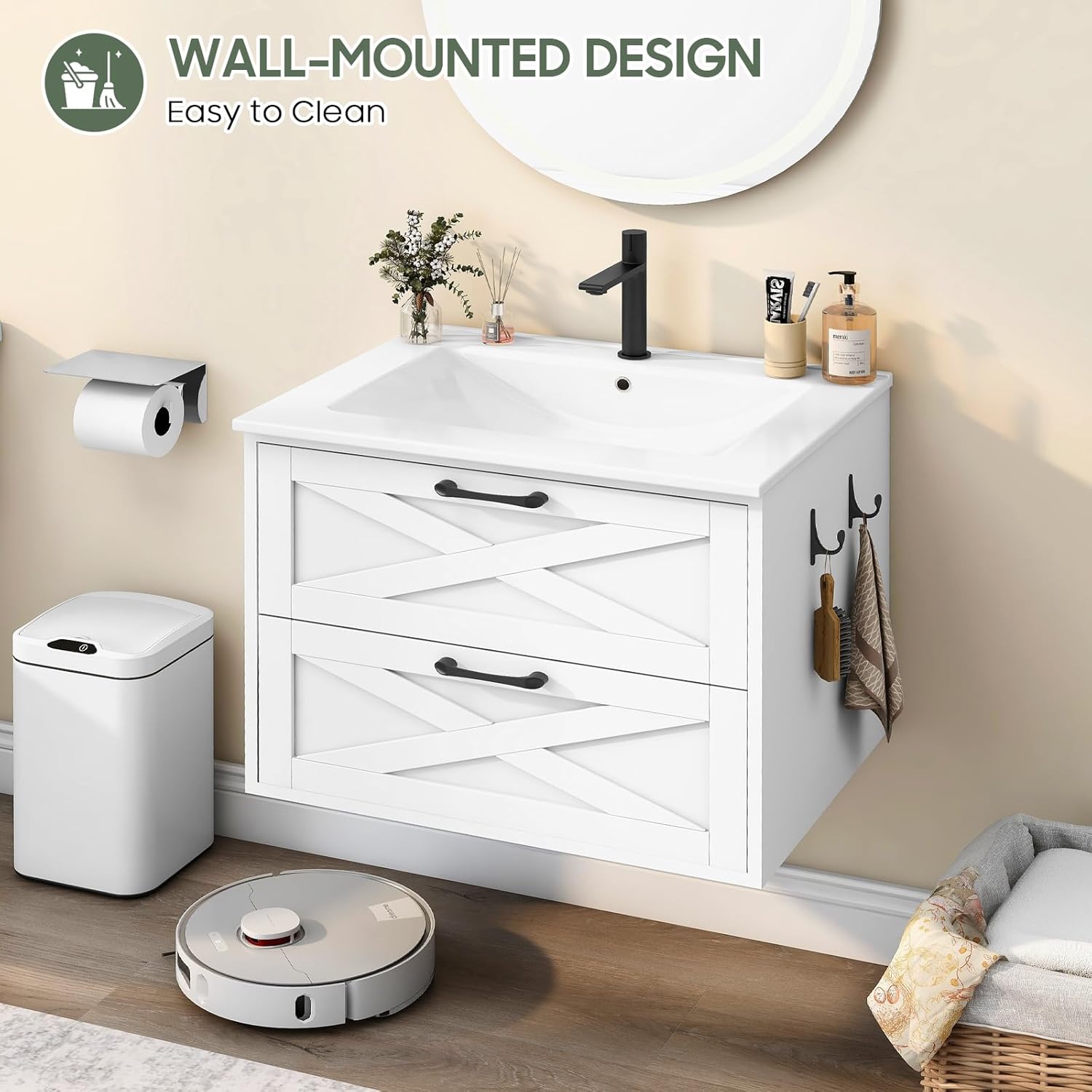 Vabches 24 Inch Bathroom Vanity with Sink, Wall Mounted Vanity with 2 Storage Darwers, Floating Bathroom Vanity with Storage, Bathroom Floating Vanity with Towel Hook, White