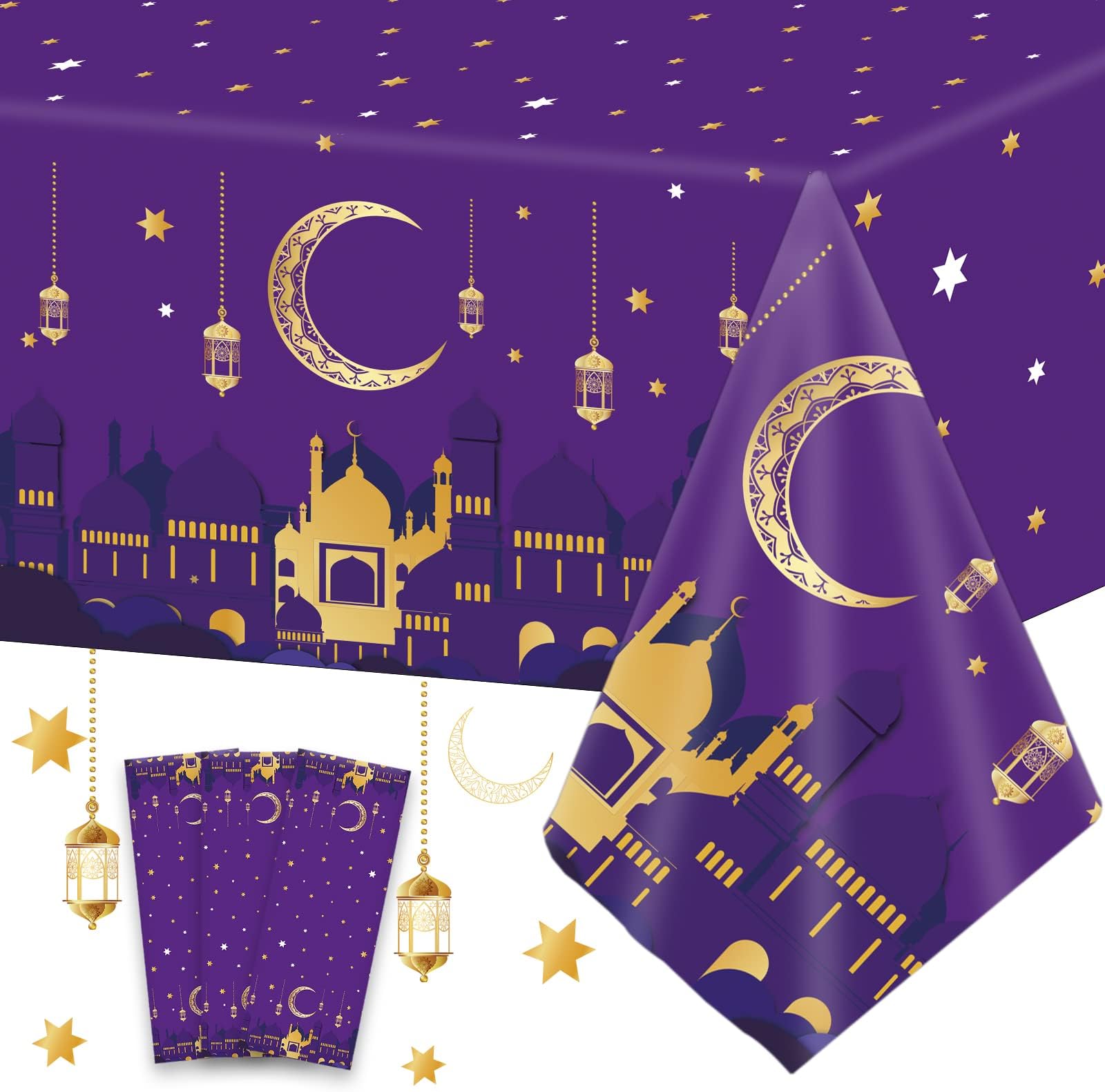 3 Pieces Ramadan Mubarak Tablecloths for Eid Mubarak Decorations Plastic Disposable Happiness Ramadan Eid Al-fitr Party Table Covers for Rectangle Tables Ramadan Party Favors, 54 x 108 Inches๏ผPurple๏ผ