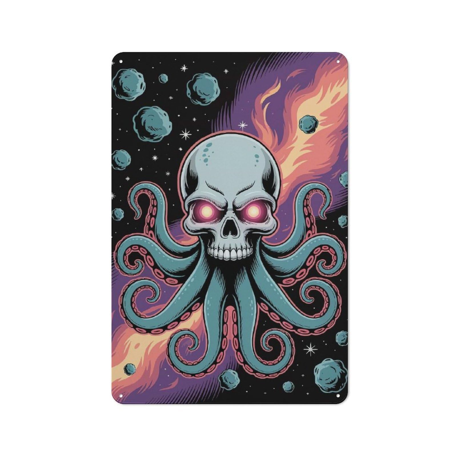 Nostalgic Skull Octopus in Space Metal Wall Sign 30x20cm, Bar Wall Plaque for Pub, Home Bar, Shed Or Man Cave