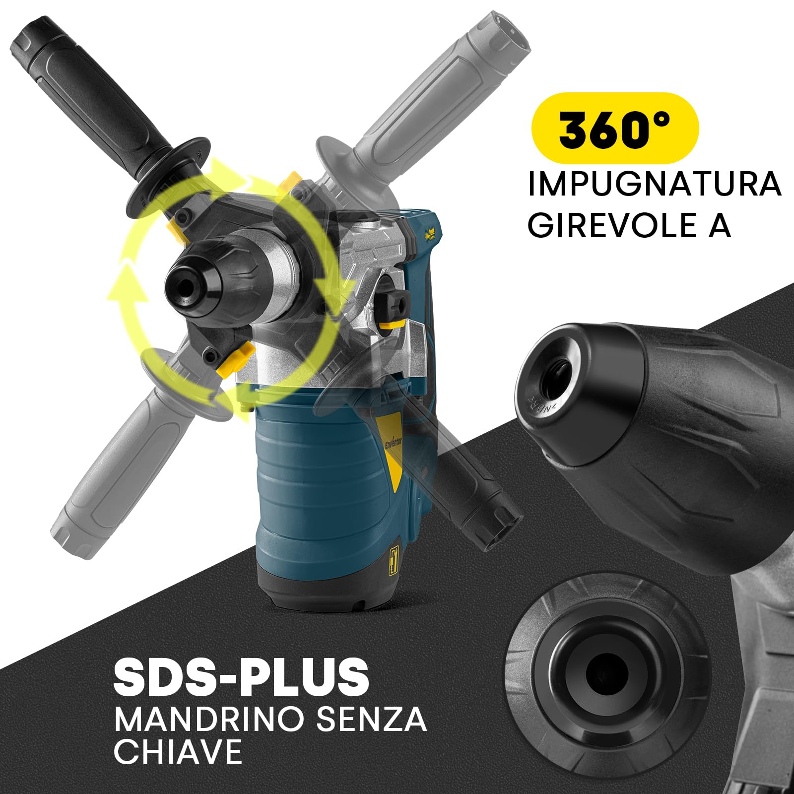 Enventor Martello Demolitore SDS-Plus 1500W, Martello Perforatore 4500BPM, Potenza D'impatto 6J, 850RPM, 4 Modalità, Capacità di Perforazione: Calcestruzzo (32mm), Metallo (13mm), Legno (40mm)