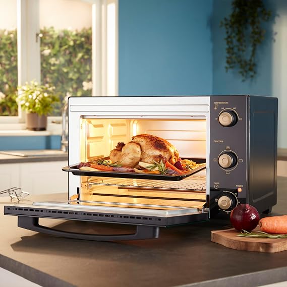 Cooks Professional Mini Portable Oven | Electric Countertop Cooker | 34L Capacity | Adjustable Temperature Control & Timer | 1500W | Includes Roasting Dish & Wire Rack | Black and Copper [Energy Class A++]