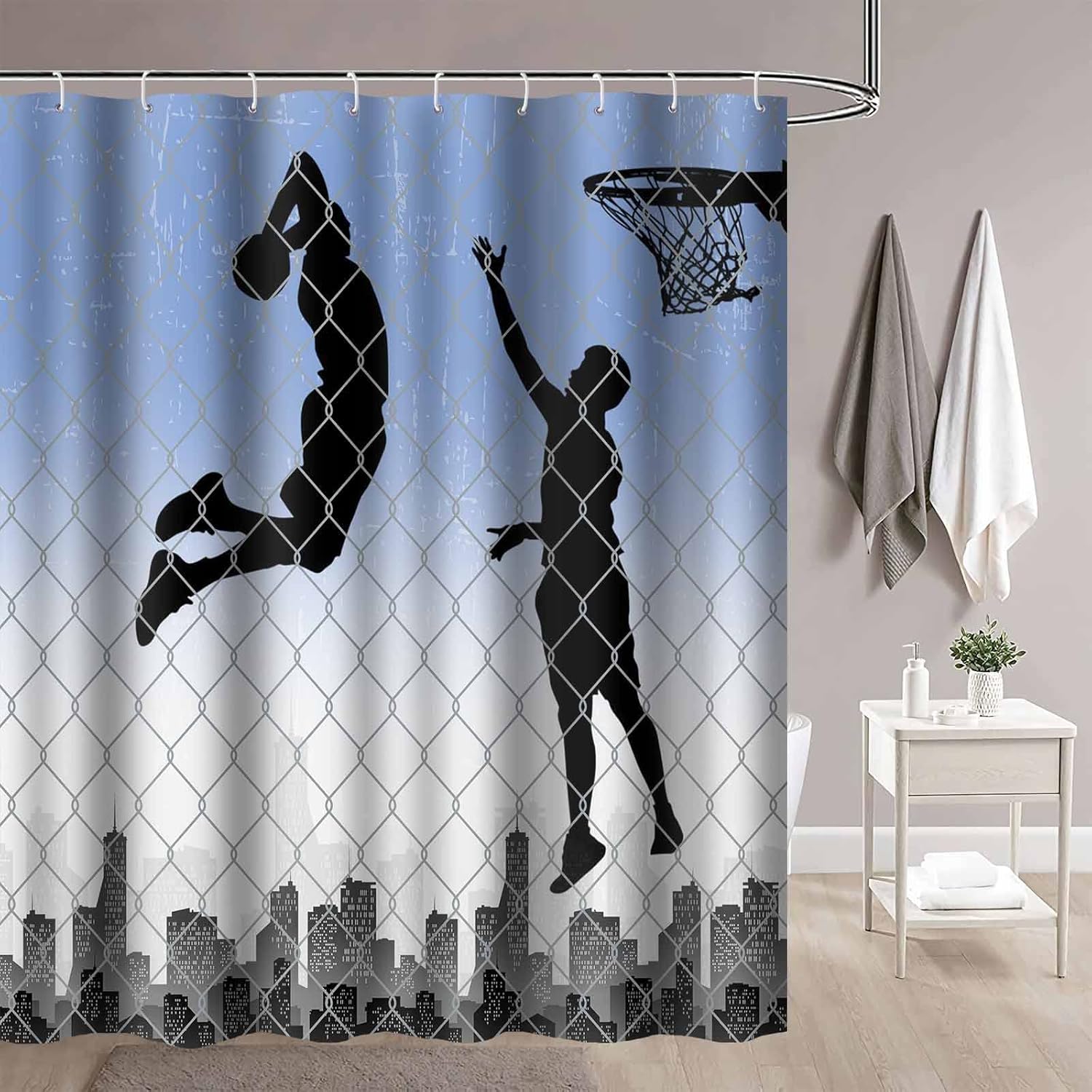 Basketball Shower Curtain, Boys Playing Basketball in The City Street Teen Bathroom Curtains 72x72 Inches Polyester Fabric Sports Bathtub Home Decor Set with 12 Hooks