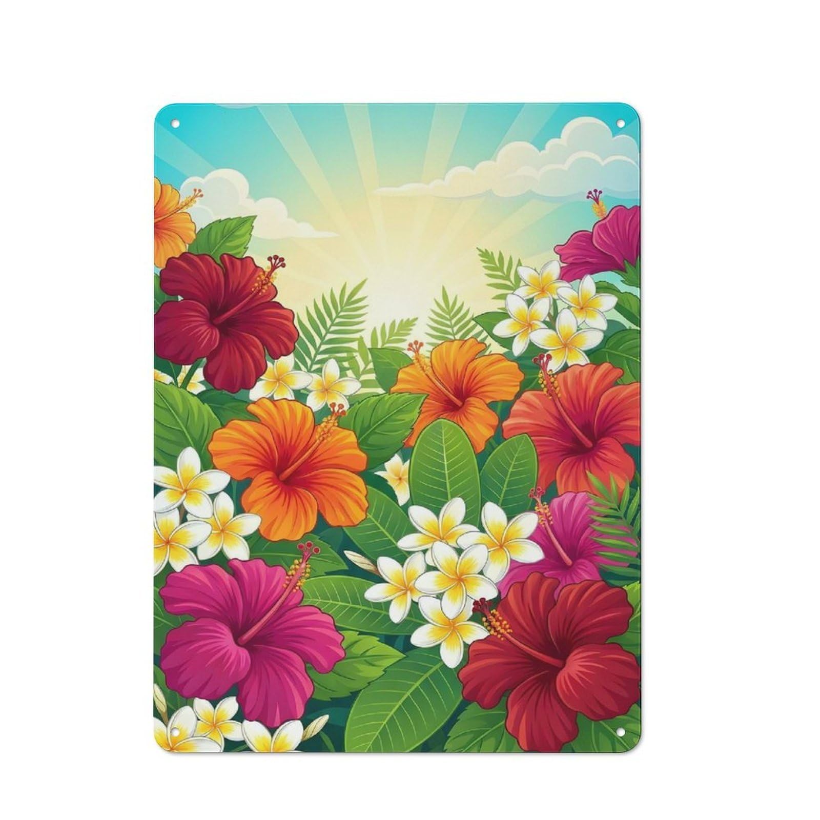 Junmoney Style-24 Metal Plaque 40X30cm With Tropical Hibiscus And Plumeria Flowers For Pub Or Café, Vintage Decor, For Metal Sign Collectors, For Vintage Wall Decor Fans