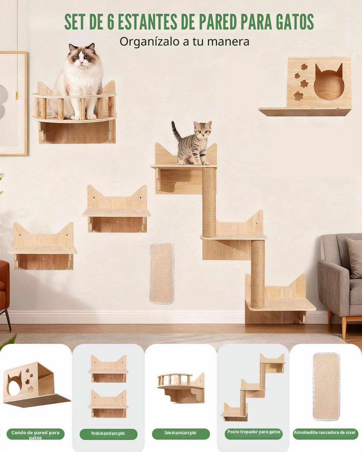 Estantes de Pared para Gatos 6 en 1, con Cueva, Torre hasta 15 kg | Estanterías para Gatos con Plataformas, Poste de Escalada y Rascador, Espacio Vertical con Zonas de Descanso y Áreas de Juego