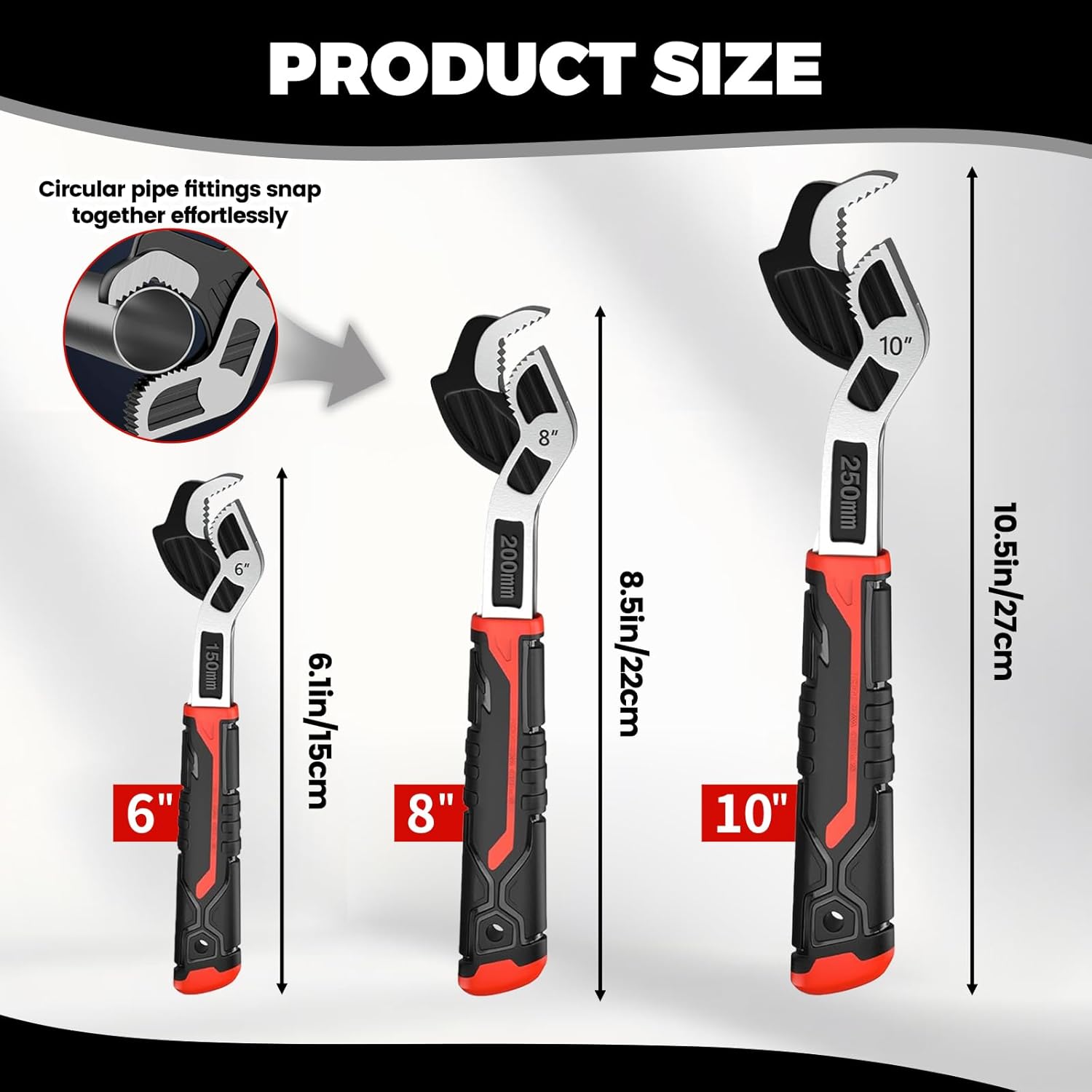 6” 8” 10” Multi-function Self-locking Pipe Wrench Set, Chromium Vanadium Steel,Plumbers Wrench with Self Tightening Function for 9/32”-1 3/8” (7-35mm) Pipe Fittings and Nuts (1set)