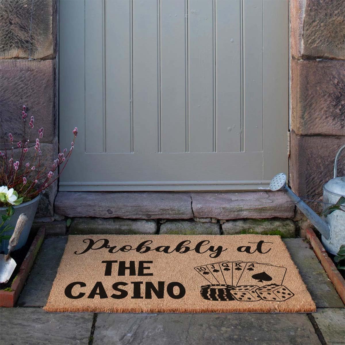 Funny Coir Doormat Welcome Front Porch Decor Mat for The Entrance Way Personalized Rugs with Heavy-Duty PVC Backing Non Slip Outdoor Coir Matt 23.6 x 15.7 inch (Probably at The Casino)