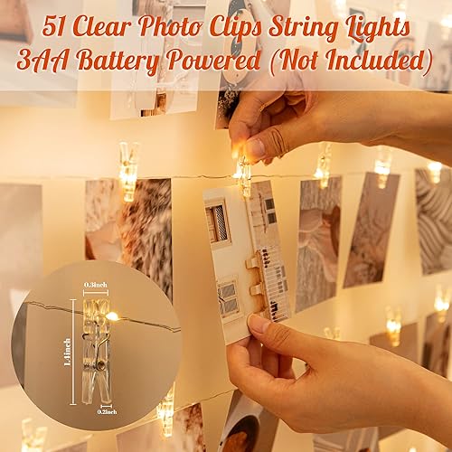 Miniatura 10 de Guirnalda de luces con clips para fotos, guirnalda de luces con 51 clips transparentes, funciona con pilas, con clips para imágenes, decoración de