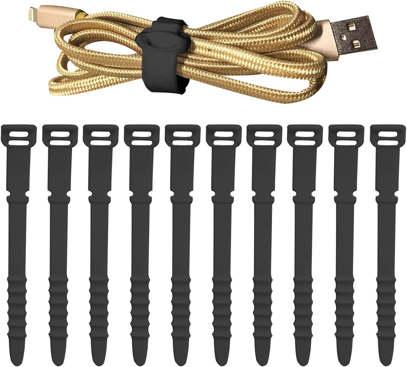 FUNUPUP Reusable Cable Zip Ties 4.5 Inch Elastic Silicone Cord Organizer Straps Management Rubber Cable Ties Cord organizer for Headphones Phone Charging Wire Home Office Desk Car (Black,12 Pcs)