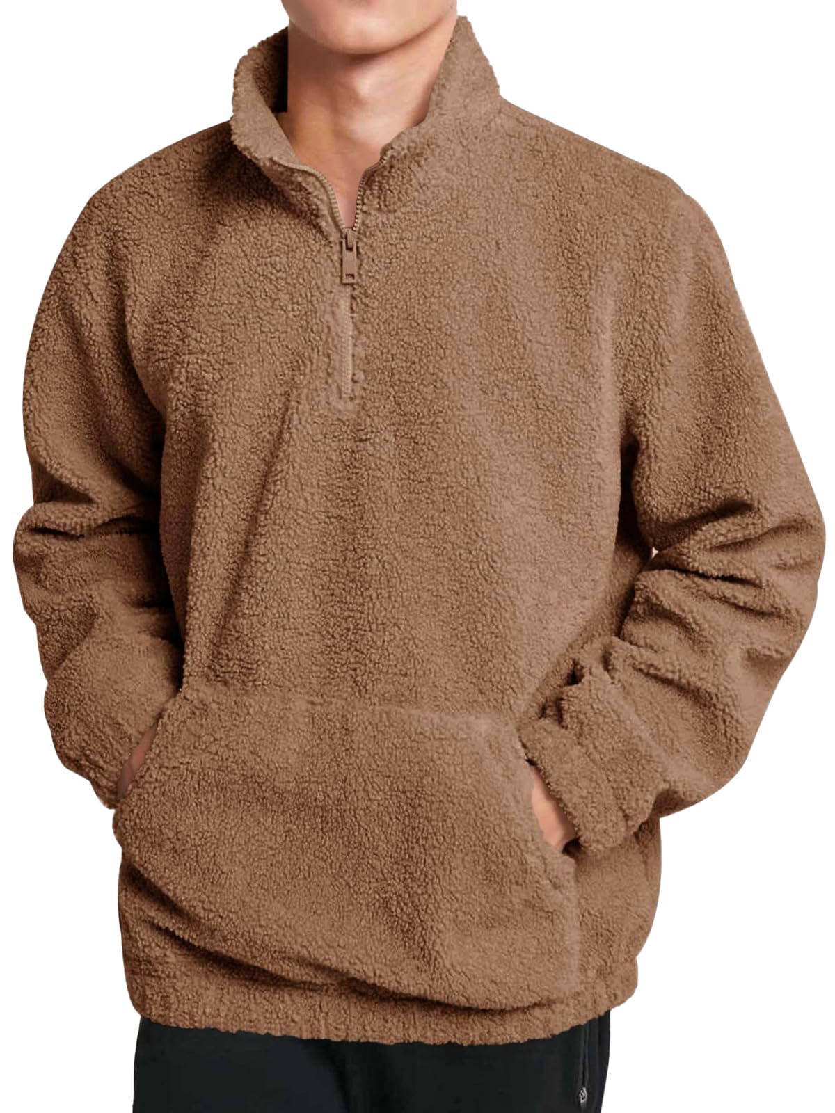 Mens Fuzzy Sherpa Sweatshirt Quarter Zip Fleece Pullover Winter Fall Warm Outerwear With Kangaroo Pocket