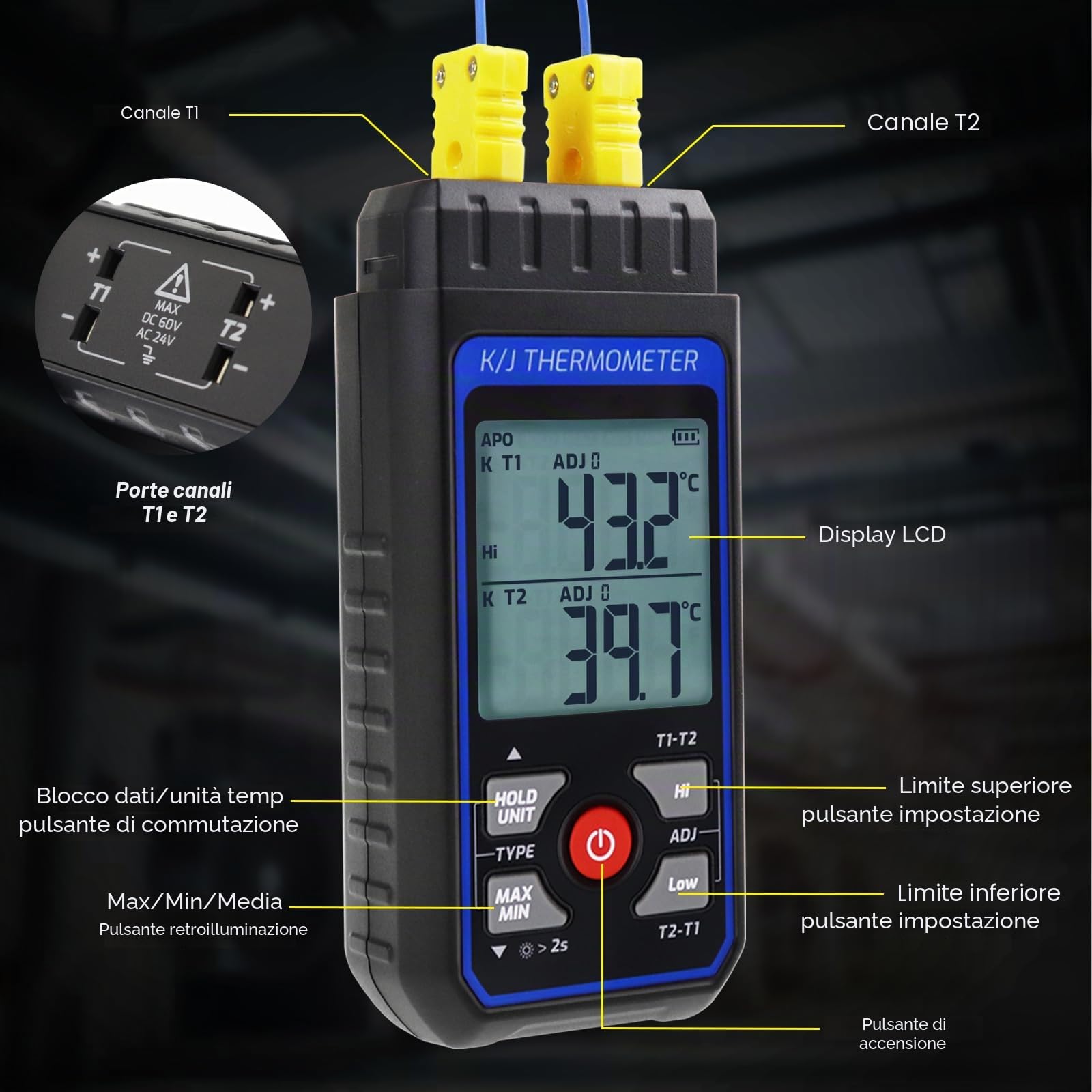 Termometro digitale a termocoppia a doppio canale tipo K/J con sonde termocoppia tipo 2 K e 2 morsetti per temperatura, gamma -328 ~ 2000 ° F misuratore di temperatura HVAC industriale con allarme e