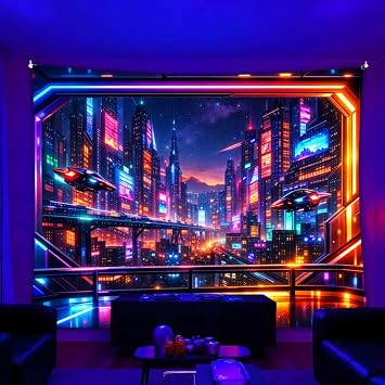 BAGMIND 2D Psychedelic Cyberpunk Tapestry, Neon Cityscape Wall Hanging 80 * 60in
