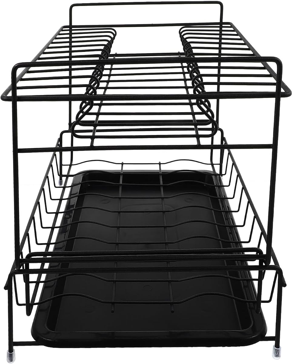 Double-Deck Plate Rack with Drain Tray, Black Kitchen Storage Holder and Draining Rack Over Sink Organization and Dish Drying