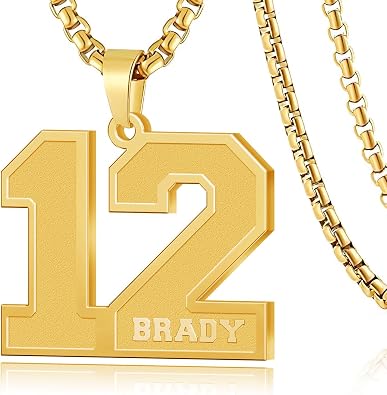 Elemtansy Custom Football Number Necklace, 0-99 Athlete Jersey Sport Number Necklaces with Name, 18K Gold Plated Football Jewelry Personalized Gifts for Men