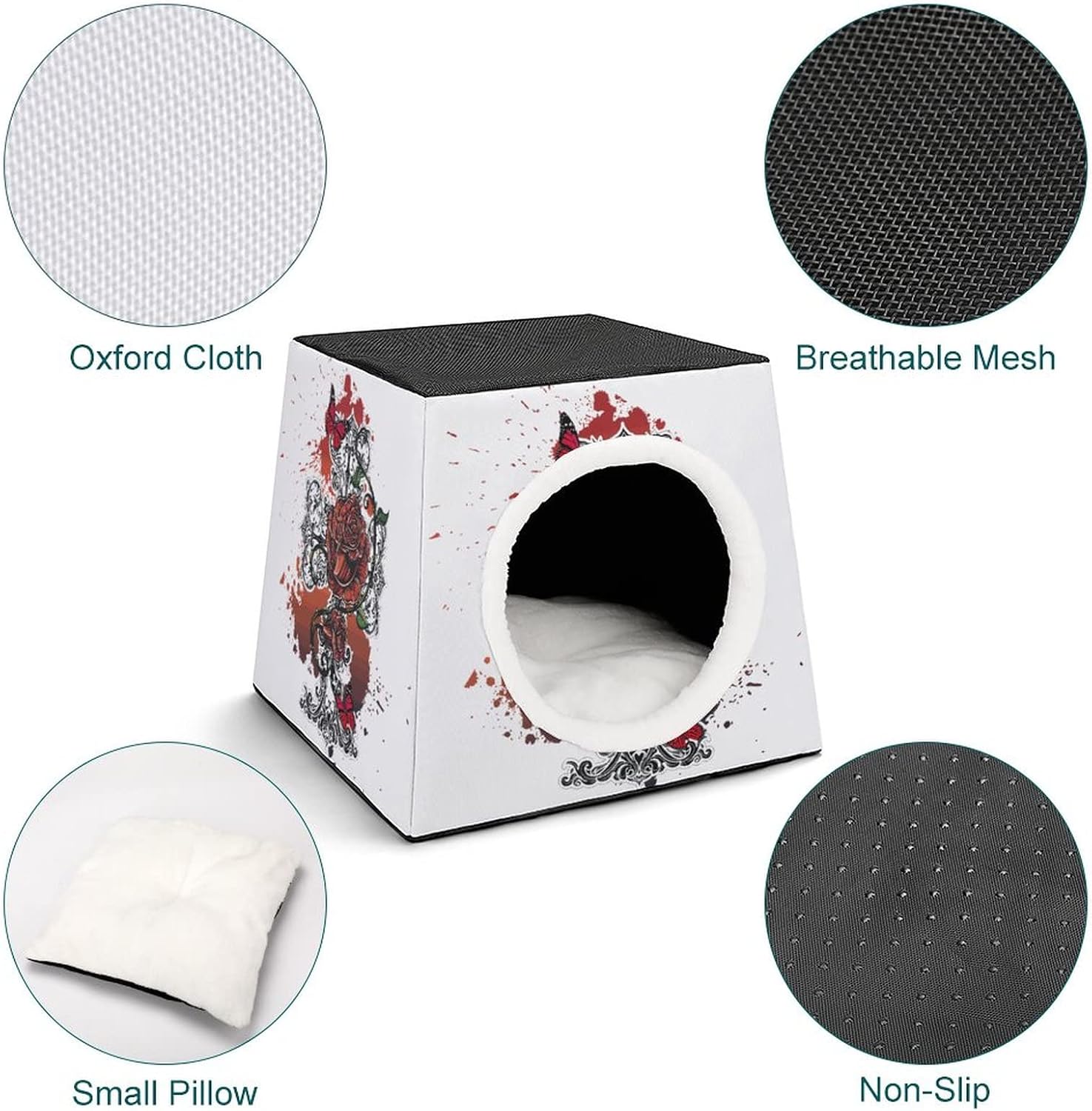 Three-Purpose Cat House Cat Bed Cat Sofa Printed Cat Cube Indoor Outdoor Kitty Shelter Cross Rose Red
