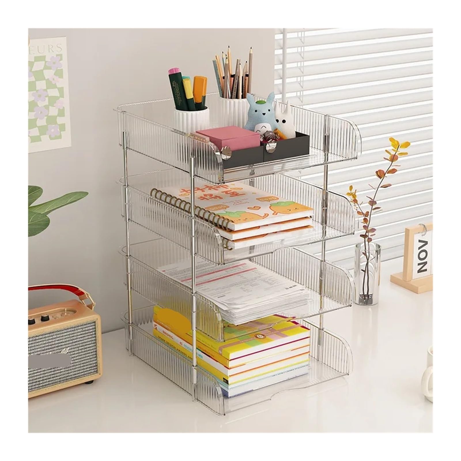 Desk Organizer 2/3/4 Tier Stackable Paper Letter Tray File Office Transparent Desktop Desk Organiser Tray(4 Layers)