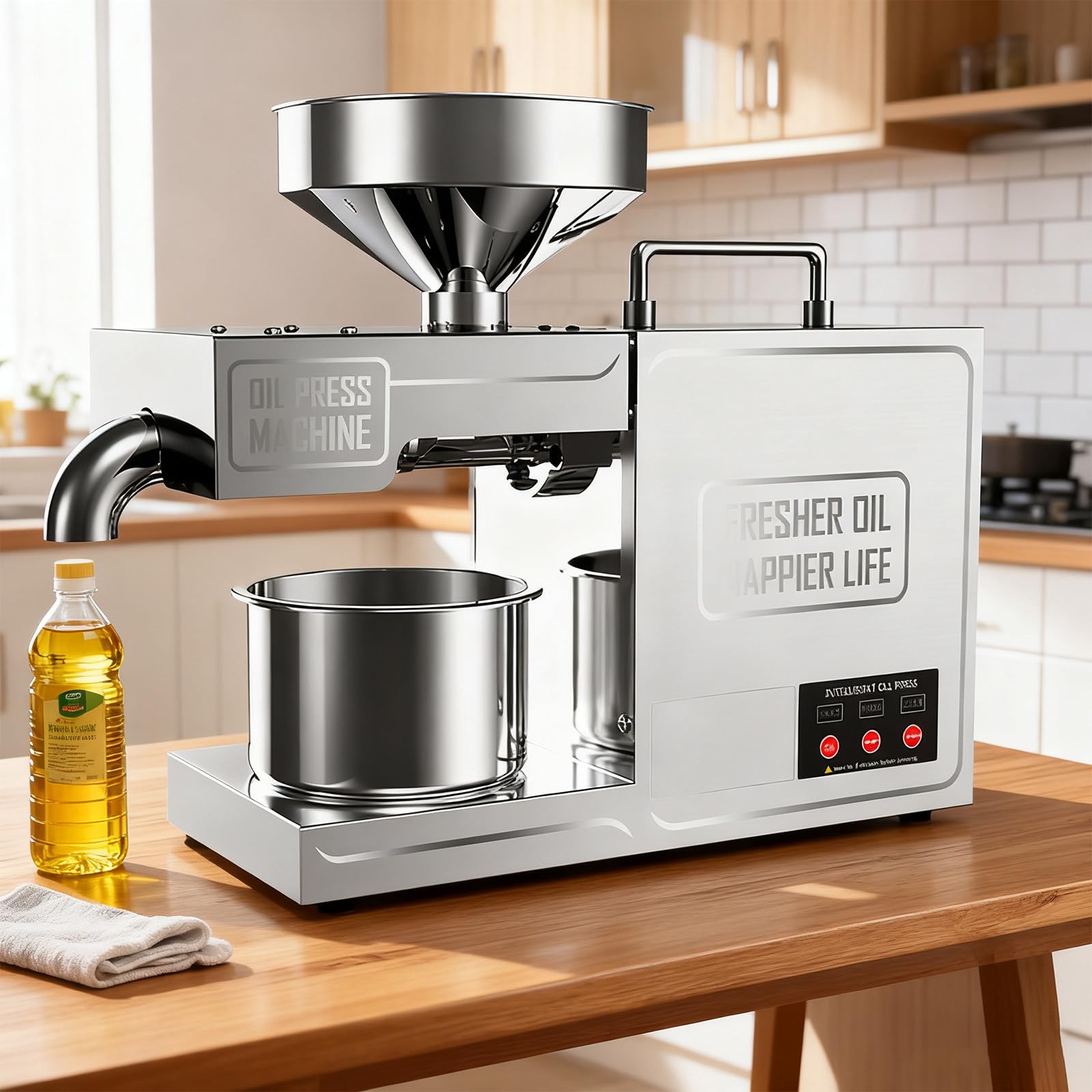 Aceitera Eléctrica, Prensa De Aceite para Cacahuetes, Acero Inoxidable 304, 0.6kWh/h, para Aceite de Coco y Oliva, Barra de Prensado extraíble,Fácil de Limpiar