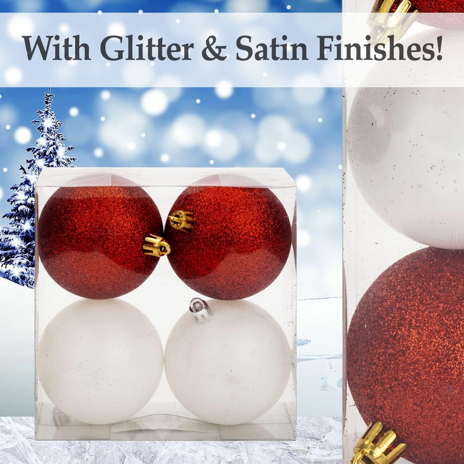 VFM - Baubles Red & White 7cm Assorted (4 Pack) - Christmas Tree Decorations, Assorted,gold,red,white - Image 4