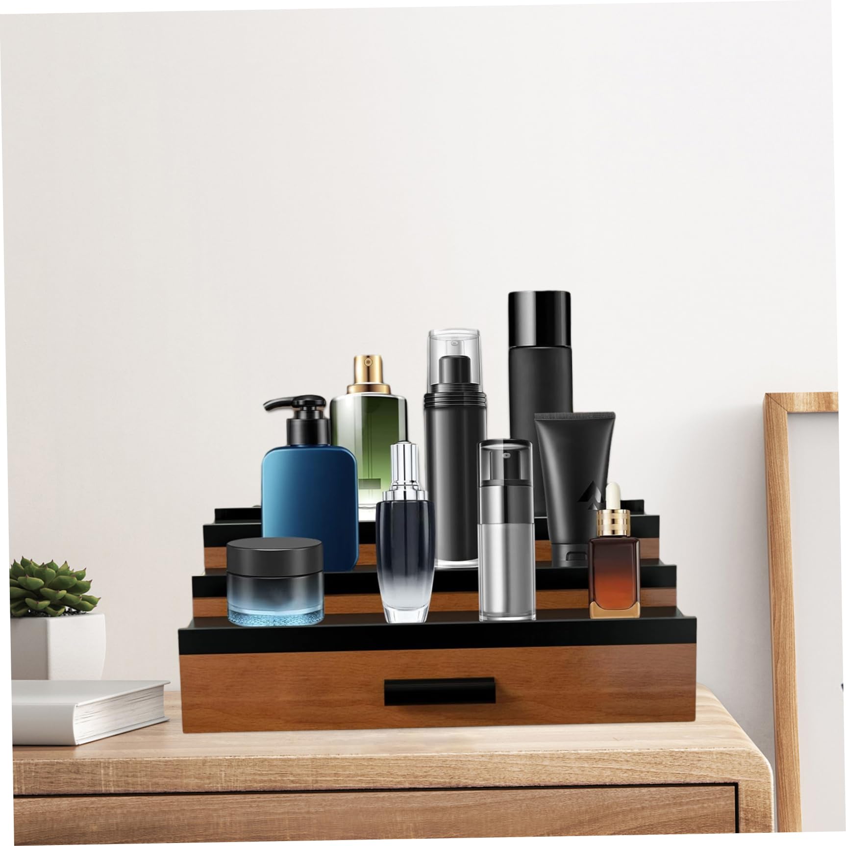 Organizador de perfumes, soporte de madera para colonia de 13x8x4 pulgadas con cajón, soporte de exhibición de perfume de 3 niveles con asa, estante retro de colonia para el hogar, tienda, organizado