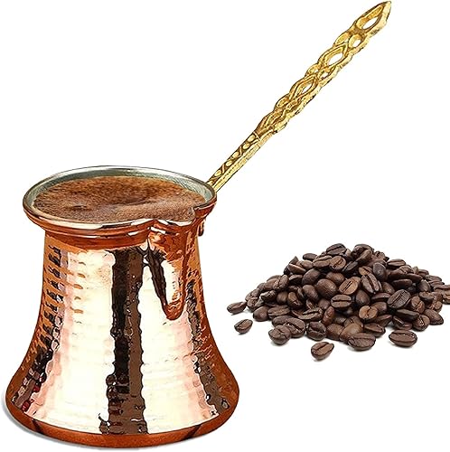 Miniatura 9 de Hakan Cafetera turca, cafetera griega árabe, Cezve de cobre martillado, cafetera vintage hecha a mano con mango de latón, otomana tradicional