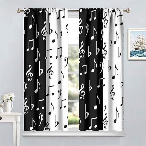 Miniatura 3 de Cortinas de música retro, notas musicales abstractas en blanco y negro, con bolsillo para barra, cortinas opacas para ventana para sala de estar,