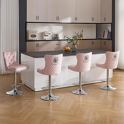 Miniatura 120 de Juego de 4 taburetes de bar giratorios ajustables de terciopelo con respaldo copetudo, ribete de cabezas de clavos y anillo de tracción, sillas de