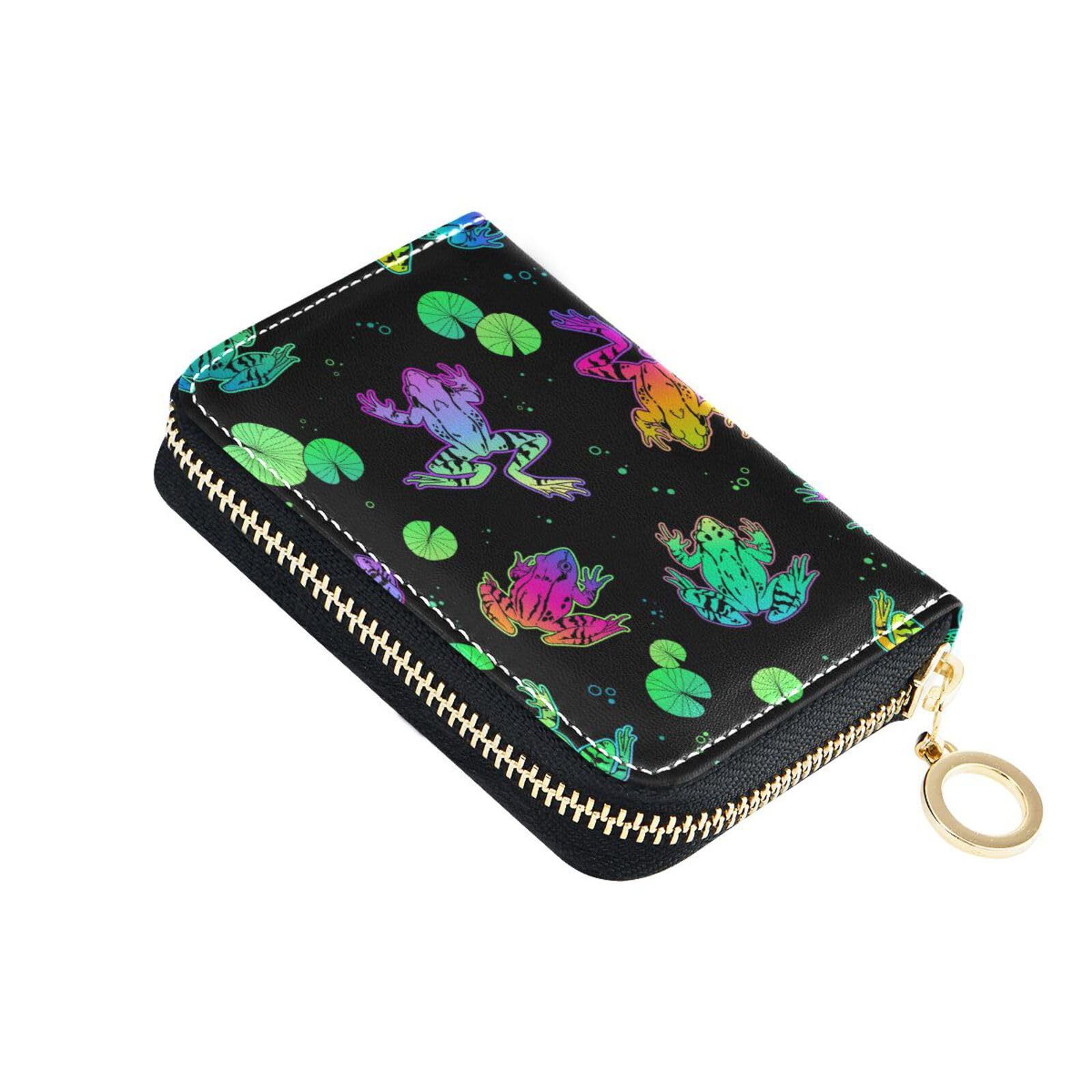 Sletend RFID Credit Card Holder Colorful Frogs Leather With Zipper Card Case Wallet for Women Girls