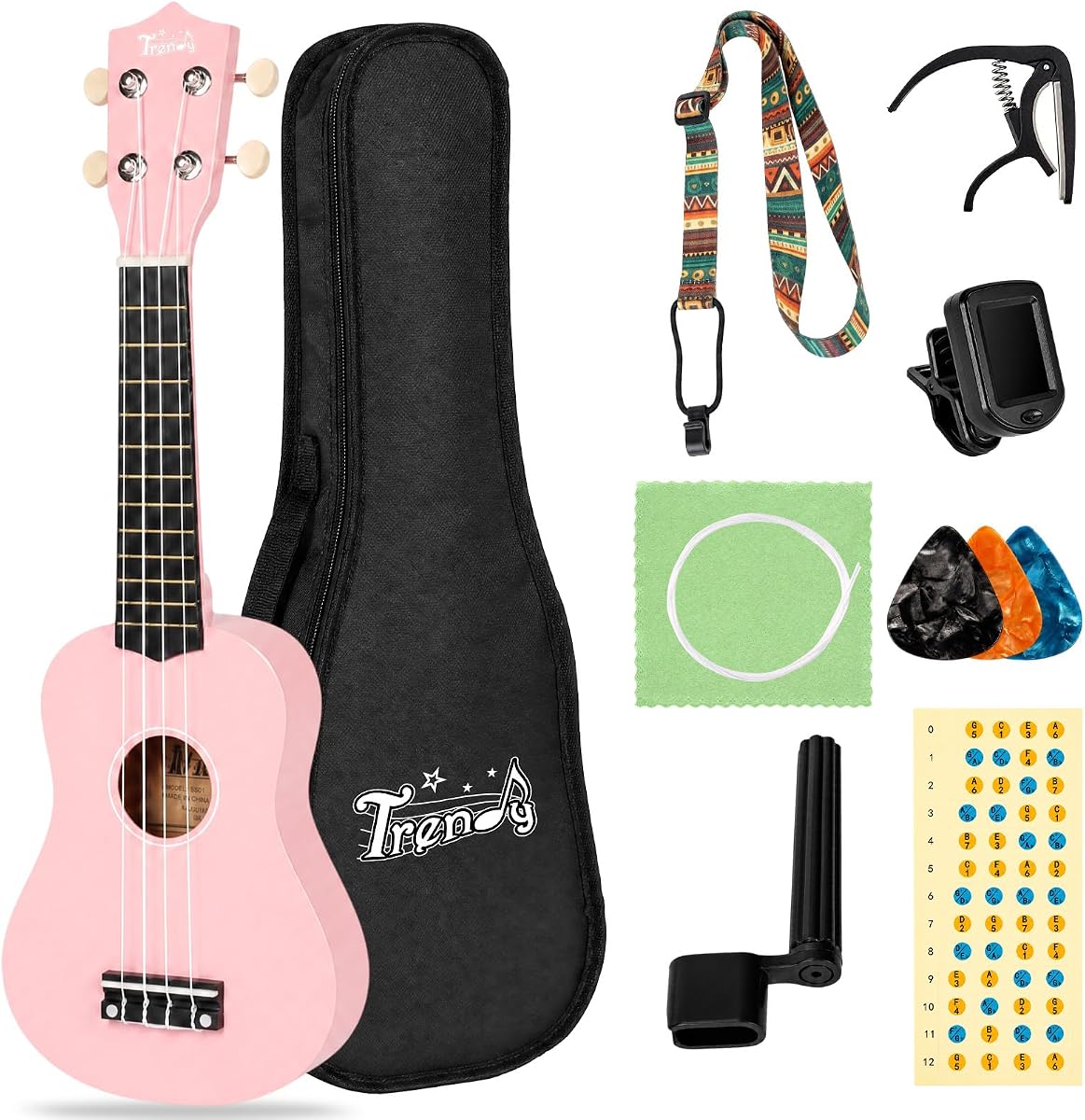 Trendy Soprano 21inch Ukulele Pink Beginner Kit Carrying Bag Tuner Strap Sqare String Fingerboard Stickers Ukulele For Beginners Adult Student Nylon String Guitar Ukelele Ukalele