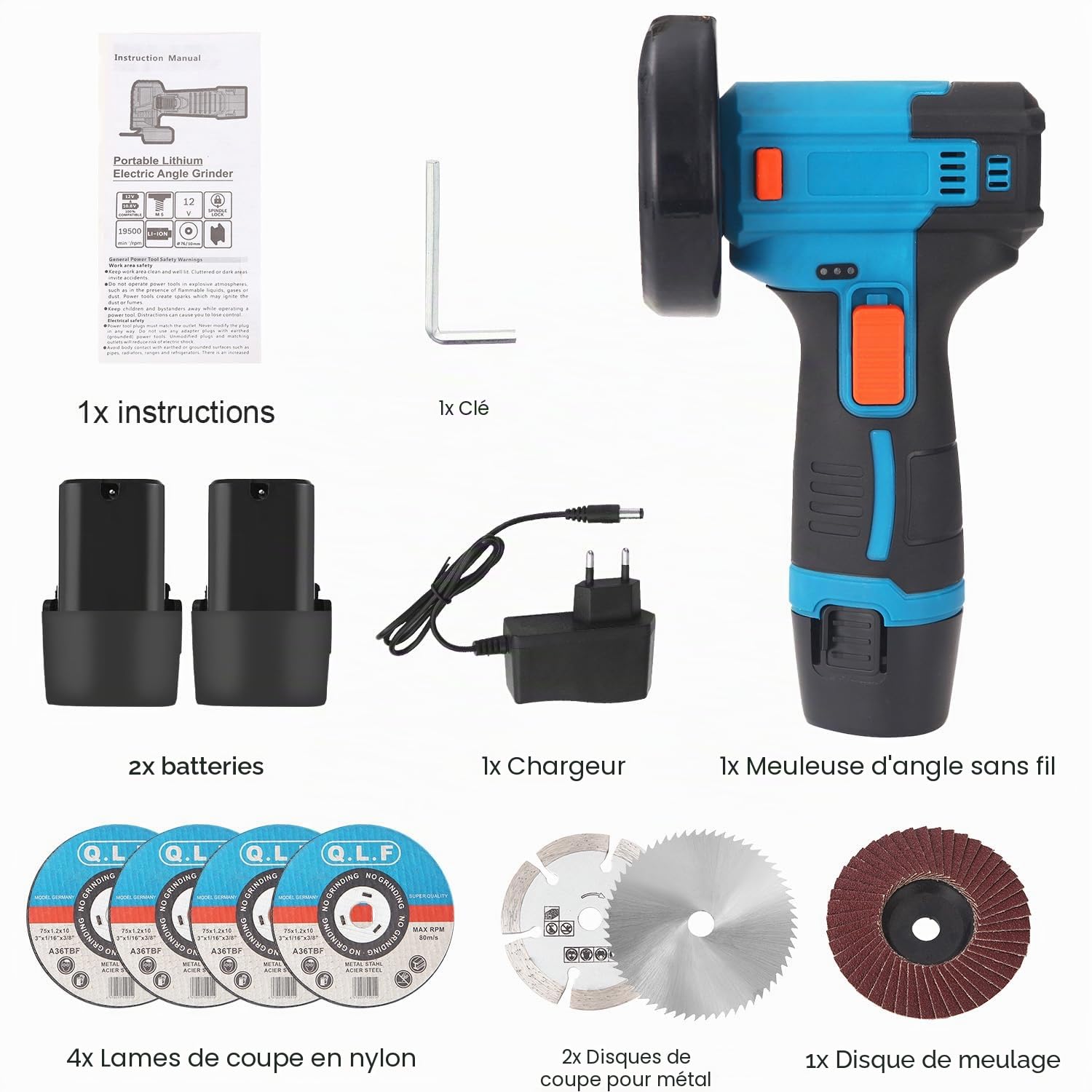 Mini Meuleuse D'Angle Sans Fil 19500RPM 12V Professional Disqueuse Sans Fil avec 2 batteries 4500mAh, 7 Disques à Tronçonner 75mm, Meuleuse d'angle pour Couper, Polir et Poncer