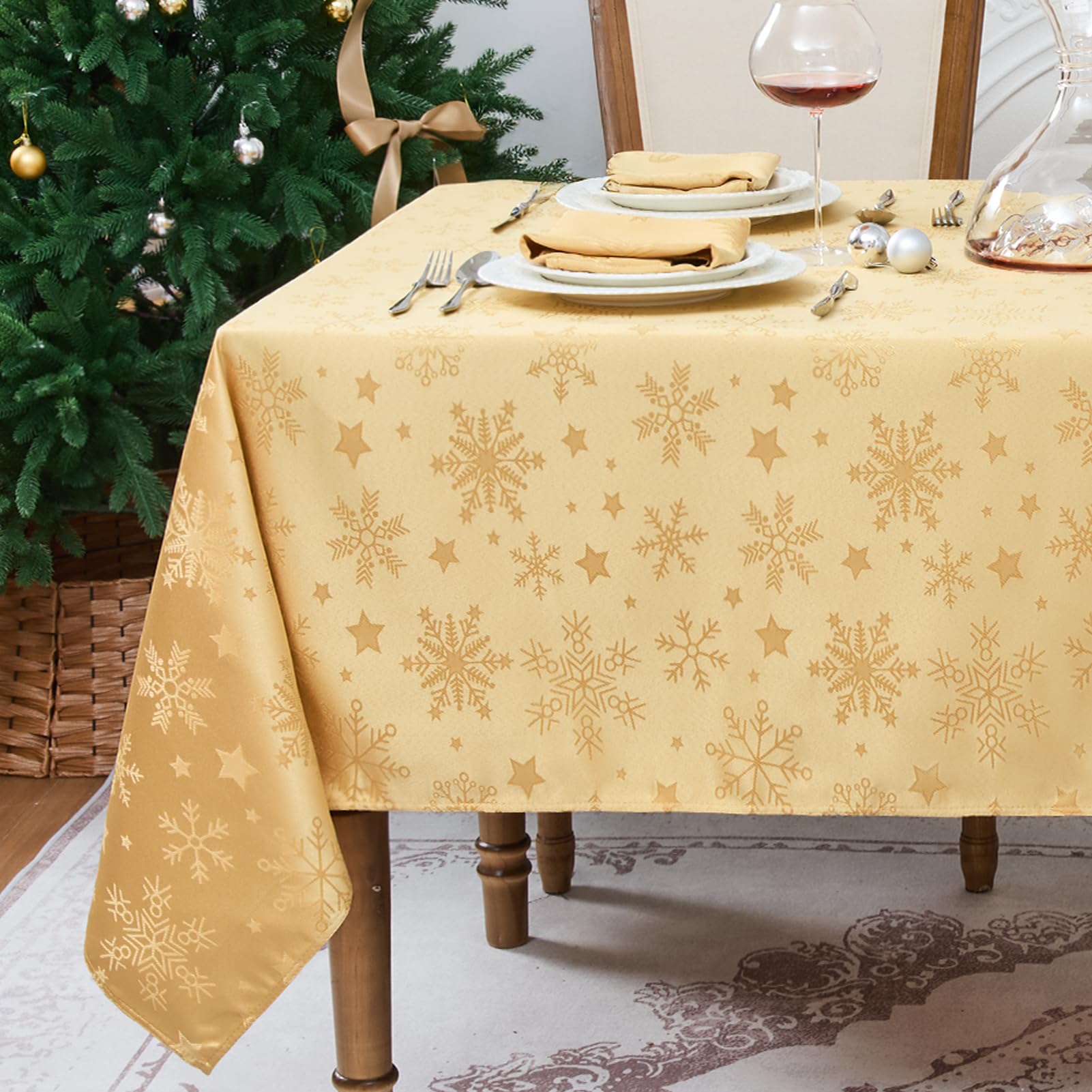 Homescapes Tovaglia Natalizia Cotone 100% - Fiocchi Di Neve Oro - 137x228 Cm - Lavabile In Casa - 2