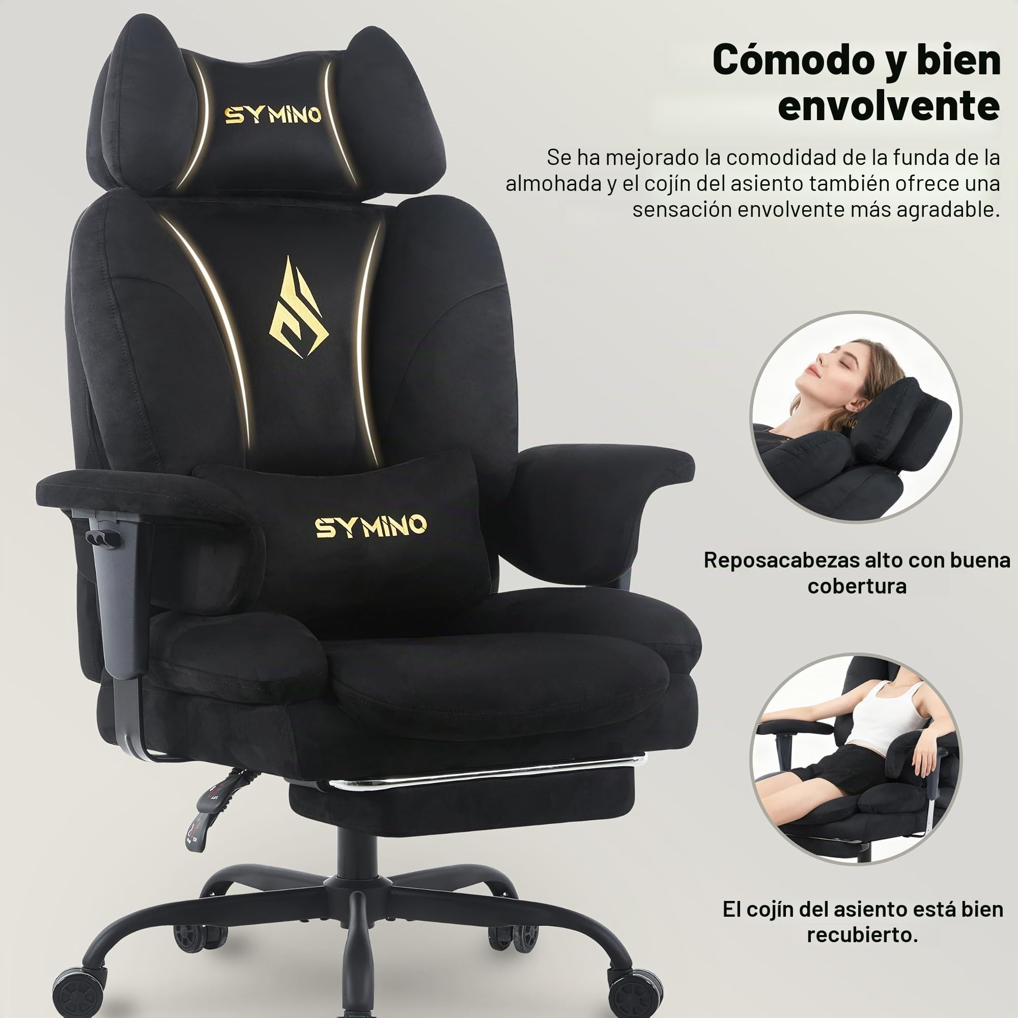 Symino Silla Gaming Ergonómica con Reposapiés - Silla Gamer de Oficina Reclinable 90-155° con Reposabrazos Ajustable - Adultos hasta 130kg (Negro)