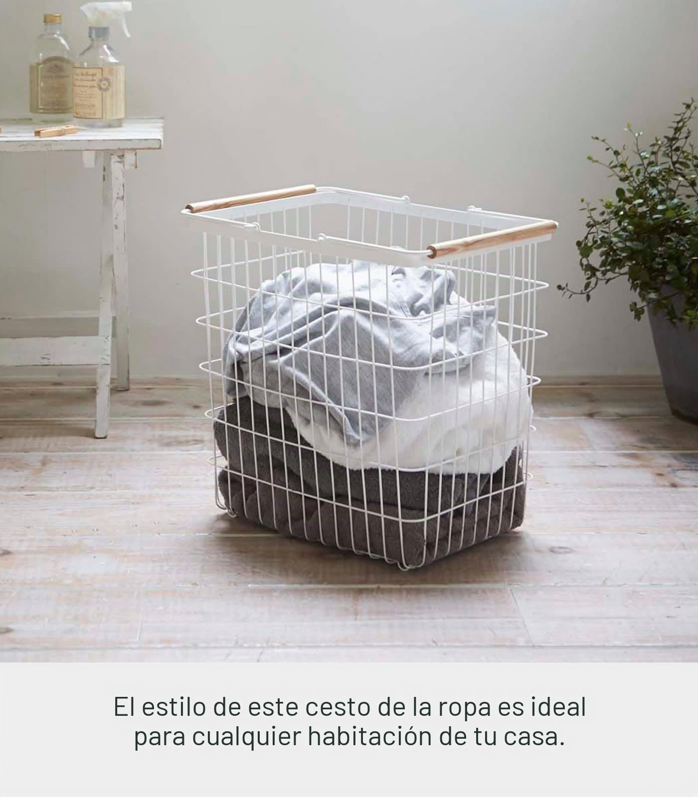 Yamazaki 2810 TOSCA Cesto para la ropa sucia grande, blanco, Acero/Madera, minimalista, 41.5 x 31 x 38.5 cm