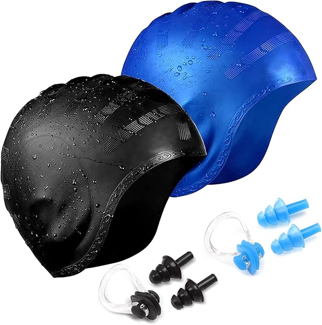 2 Pieces Swimming Caps with 2 Sets of Earplugs and Nose Clips - Comfortable Silicone Swim Hat with 3D Upgraded Ear Protection - Unisexs Swimming Cap for Long Short Hair of Men Women Ladies Kids