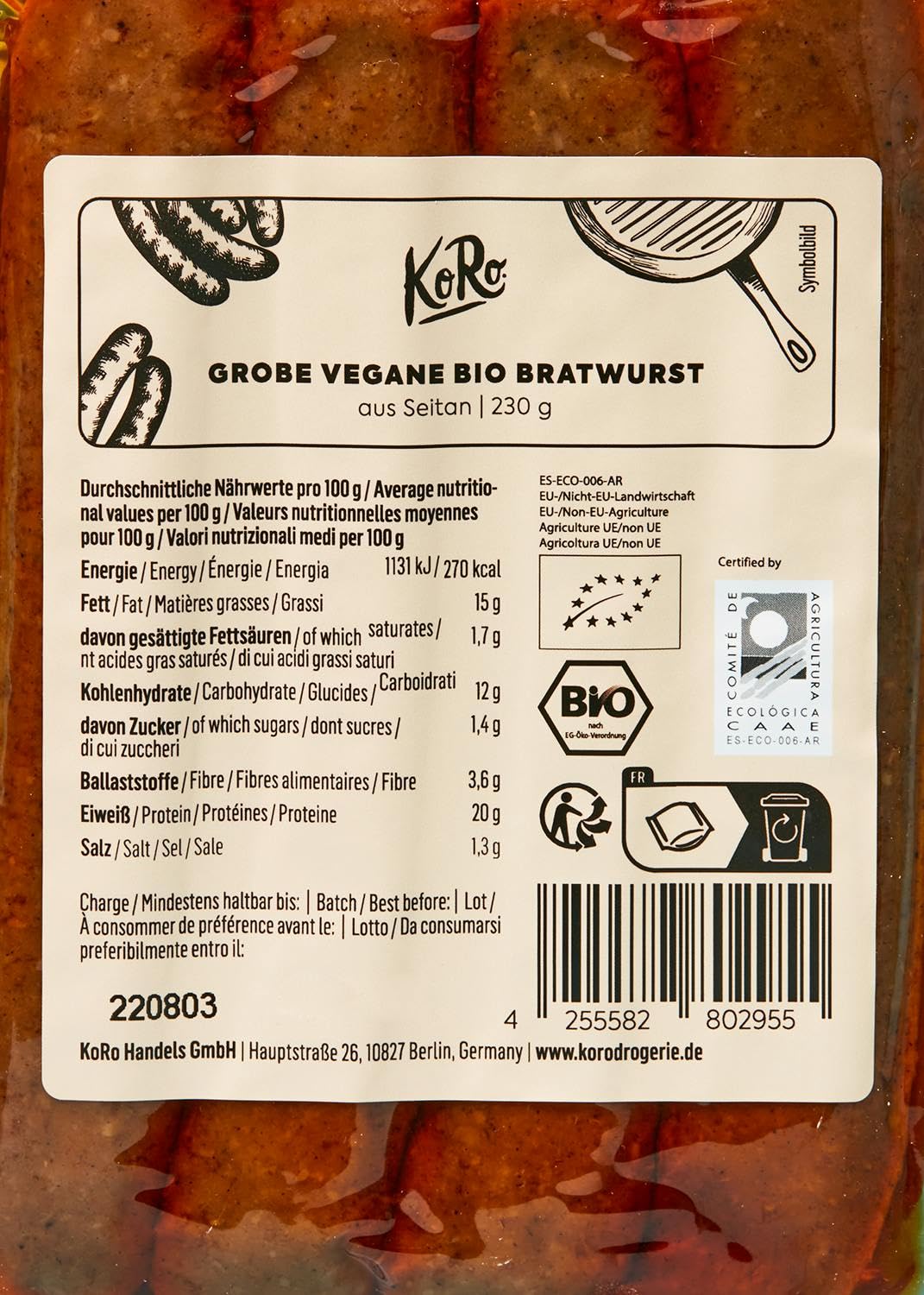 KoRo - Salsicce vegan bio 12 x 230 g - Vegetali - 100% bio - Da grigliare o in padella - Saporite e versatili
