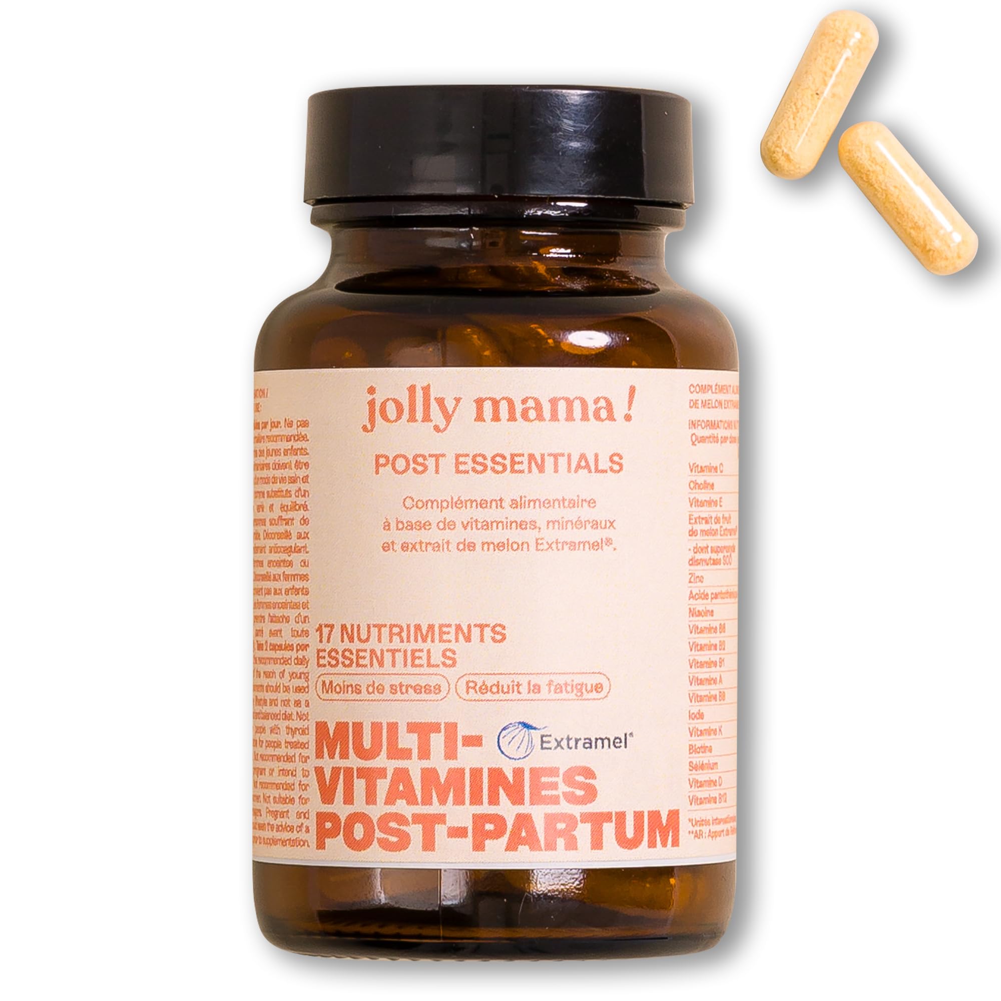 Jolly mama! Multi Vitamines Post Essentials | 17 Nutriments Clés Post-Partum | Avec Actif Breveté Extramel | Bien-Être Après Accouchement | Compatible Allaitement | Fabriqué en France | 60 Gélules