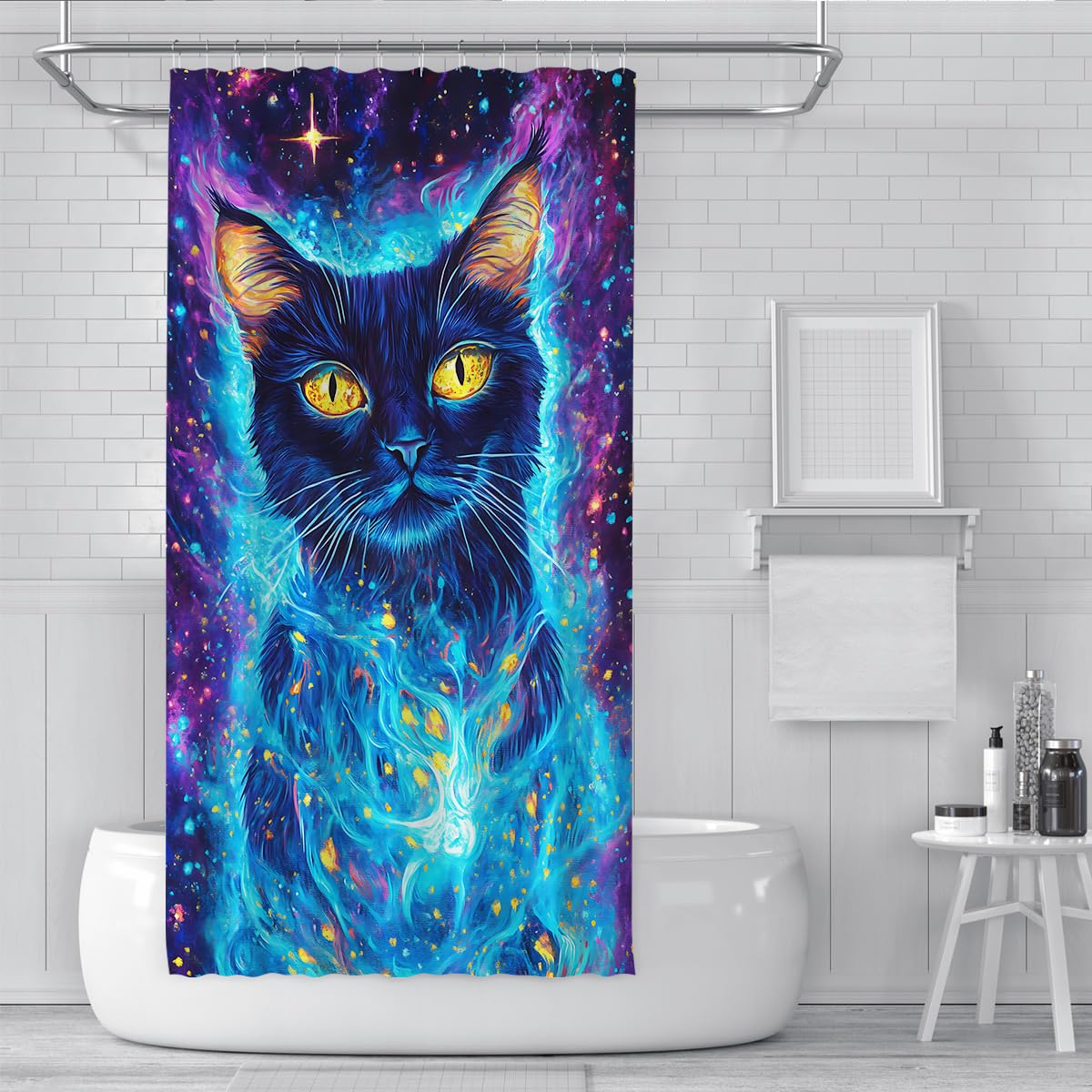 Kosmische Schwarze Katze Duschvorhang Sternendeko 180 x 200 cm