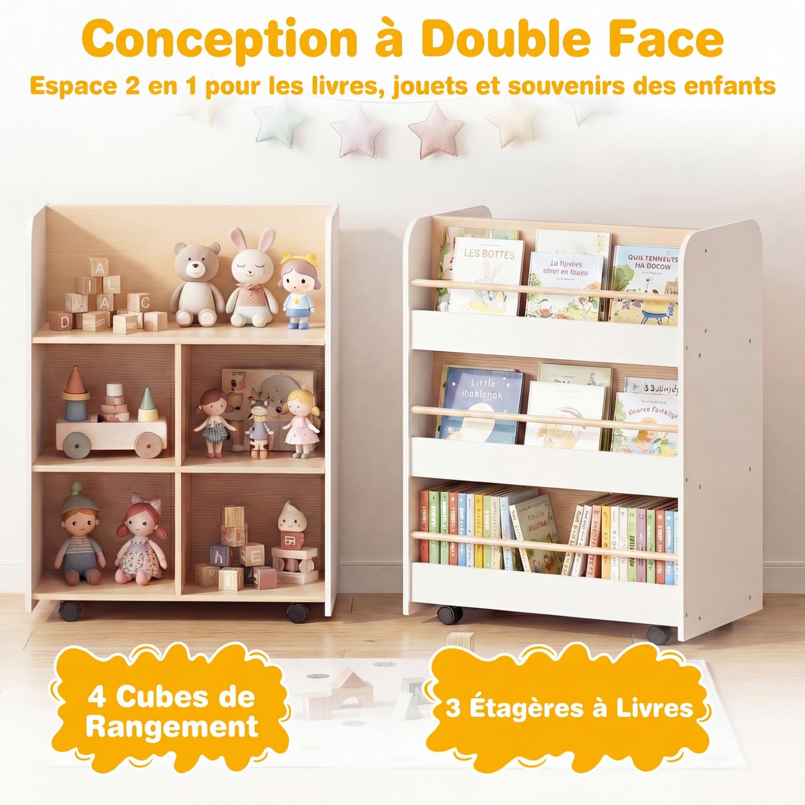 COSTWAY Bibliothèque Enfant Double Face avec 3 Étagères et 5 Casiers Ouvertes, Étagère à Livres Enfant avec 4 Roues, Kit Anti-basculement, Organiseur de Jouets pour Salle de Jeux Crèche