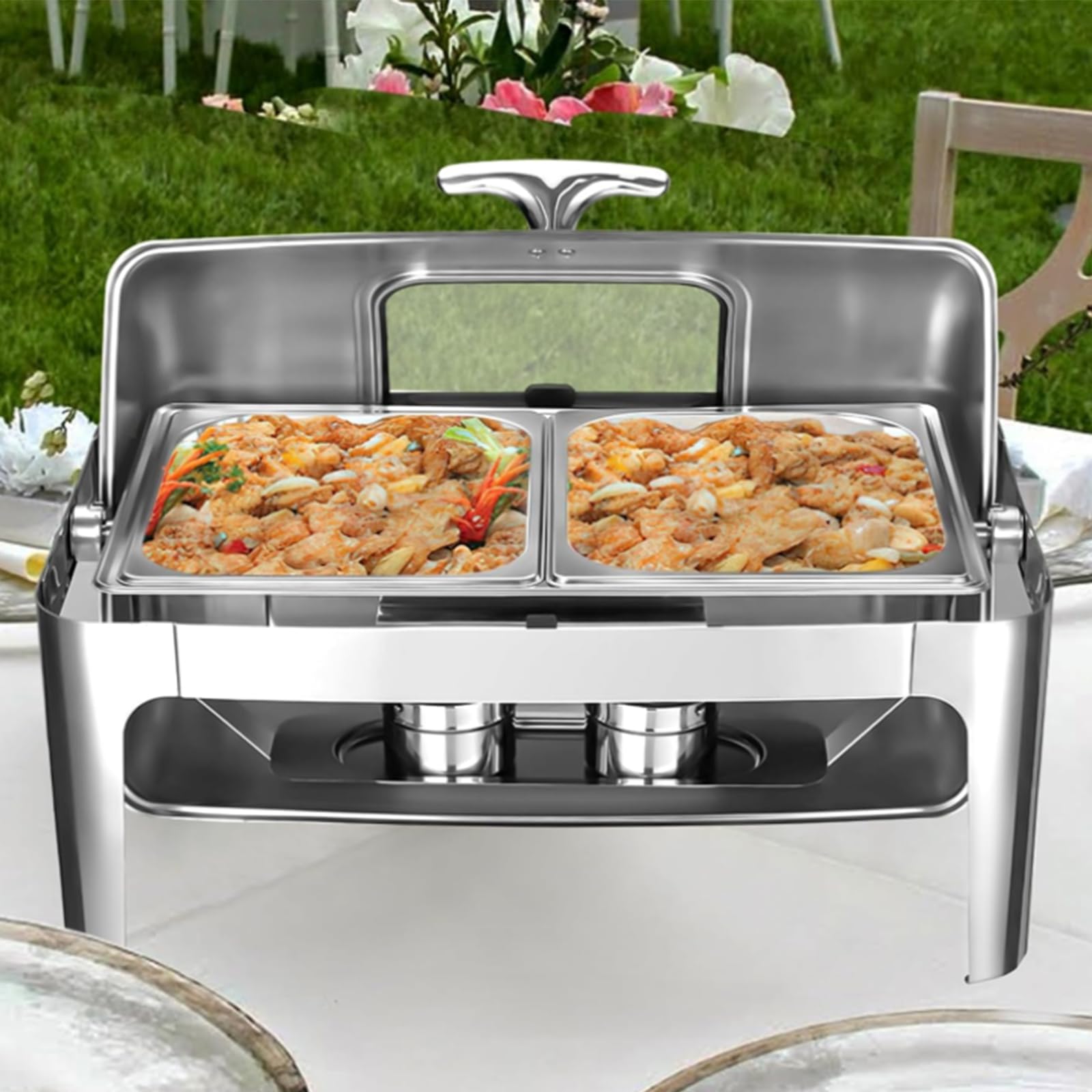 Garvee Chafing Dish Edelstahl Speisewärmer mit Roll-Top Deckel, 1/1 GN Behälter Buffetwärmer Set für Gastronomie & Catering, Warmhaltebehälter für Partys & Events, Rechteckig, Silber glänzend