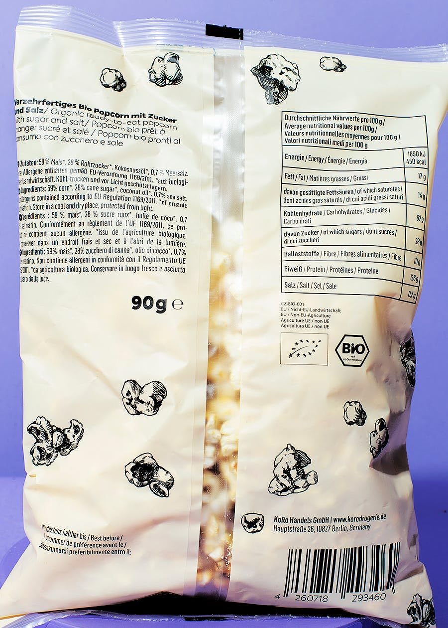 KoRo – Popcorn bio sucré-salé 10 x 90 g – Maïs soufflé caramélisé au sel de mer – Snack prêt à consommer – Préparation rapide au micro-ondes