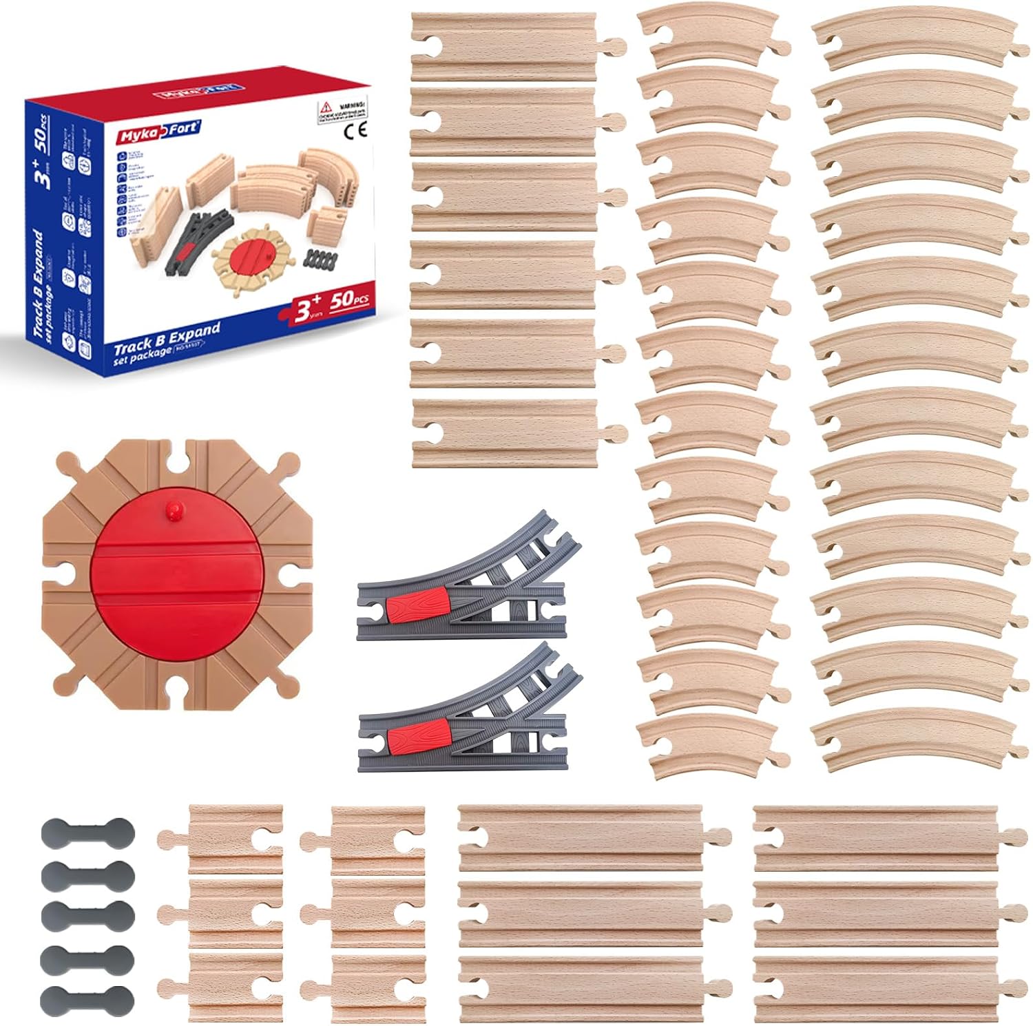 50-Piece Wooden Train Track B Expand Pack with Turntable and Switches | Beechwood Tracks Compatible with Major Brands | Fits MykaFort Electric Trains & Accessories | Age 3+