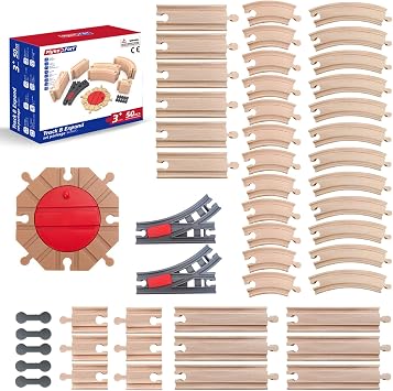 50-Piece Wooden Train Track B Expand Pack with Turntable and Switches | Beechwood Tracks Compatible with Major Brands | Fits MykaFort Electric Trains & Accessories | Age 3+