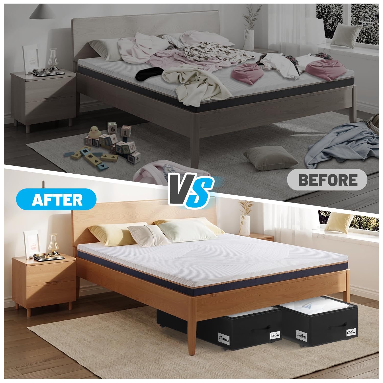 Kukikan Unterbettkommode auf Rollen, 2er Pack 24 cm XXL 60L Rollunterbett Aufbewahrungstasche mit Reißverschluss, Einfache Montage Unterbett Aufbewahrungsbox mit Deckel & Etikett, Unterbettschubladen