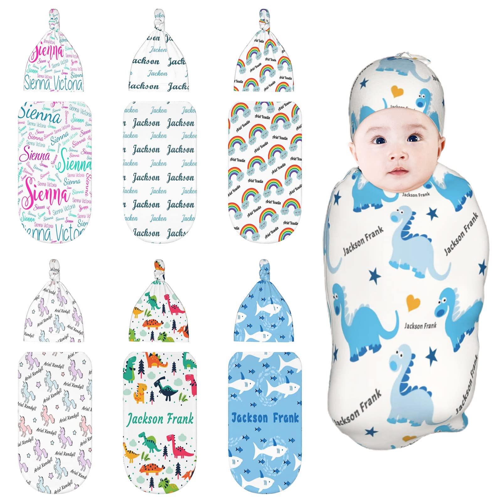 SIMIEEK Personalized Baby Swaddle and Hat for Baby Girl Boy with Name Custom Newborn Swaddle Sack Nursery Blanket Gifts