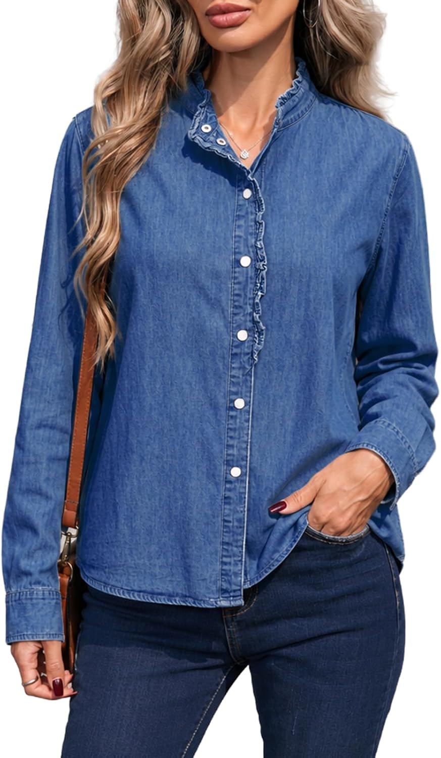 Kedera Womens Denim Shirt Button Down Long Sleeve Ruffled Edge Trendy Jean Blouses Tops Shackets