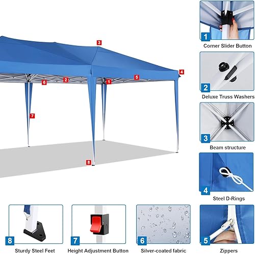 Miniatura 8 de COBIZI - Toldo desplegable 10x20 con 6 paredes, impermeable y portátil, ideal para fiestas, playa, camping y eventos al aire libre (azul)