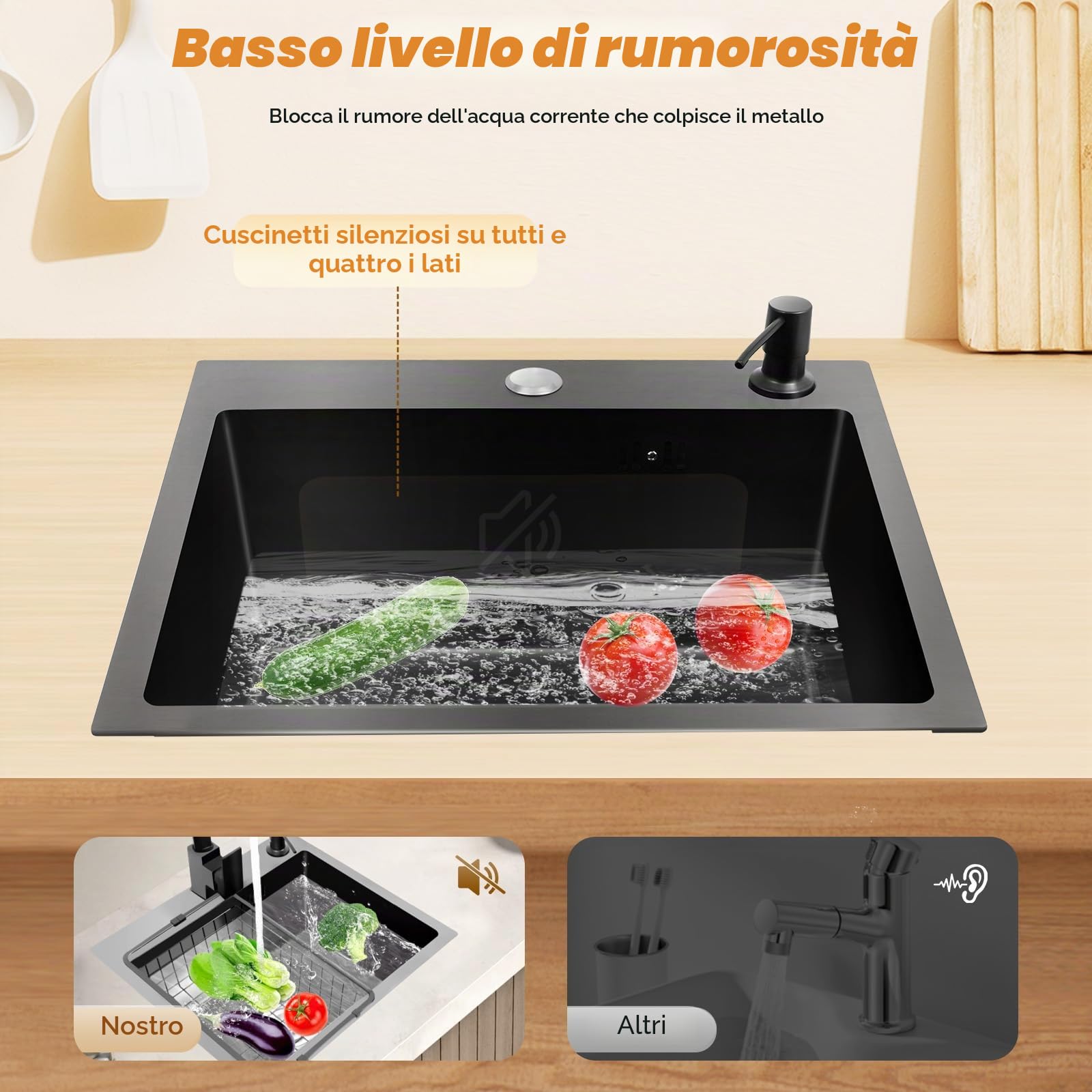 Lavello in acciaio inox, 45 x 40 cm, colore nero, con scolapasta e dispenser di sapone, 1 vasca, lavello da incasso, lavello in acciaio inox, lavello per la cucina di casa, con tubo di scarico