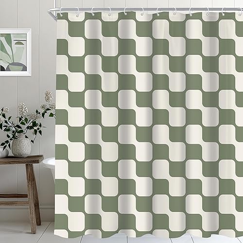 Miniatura 20 de Cinbloo Cortina de ducha retro verde salvia a cuadros de 72 pulgadas de ancho x 72 pulgadas de alto, abstracto, Y2K, lindo tablero de ajedrez beige,