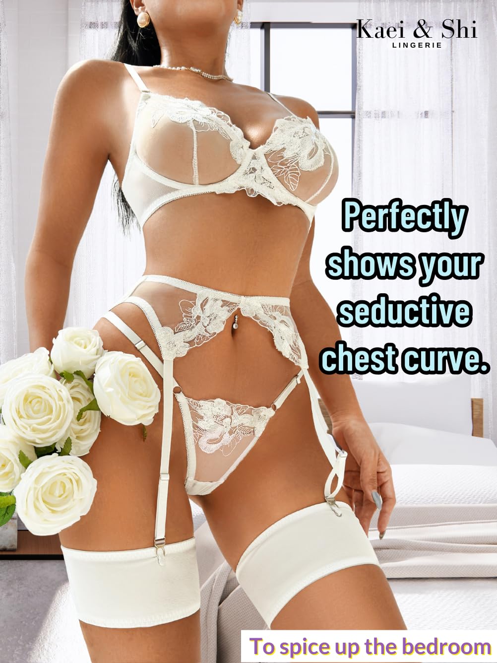 Kaei&Shi Floral Embroidered Garter Belt Set,Sheer Lingerie Sets for Women Sexy,Wedding Night Valentines Boudoir Outfits: White 8-10