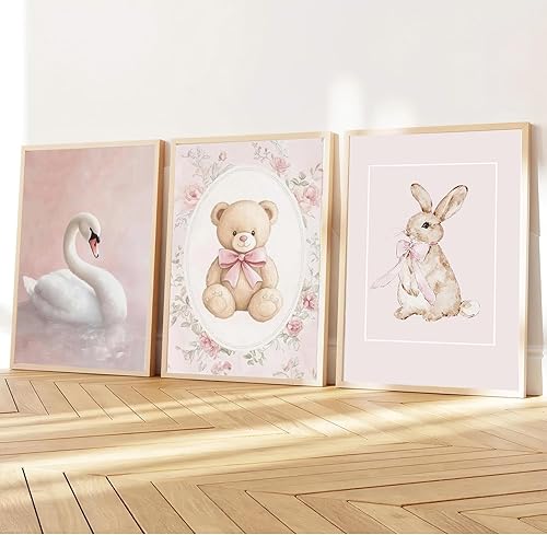 Miniatura 4 de YOXORDQ 6 pósteres de decoración de pared de habitación de bebé rosa con lazo, conejo, globo aerostático, oso de peluche, cisne, flores, impresiones